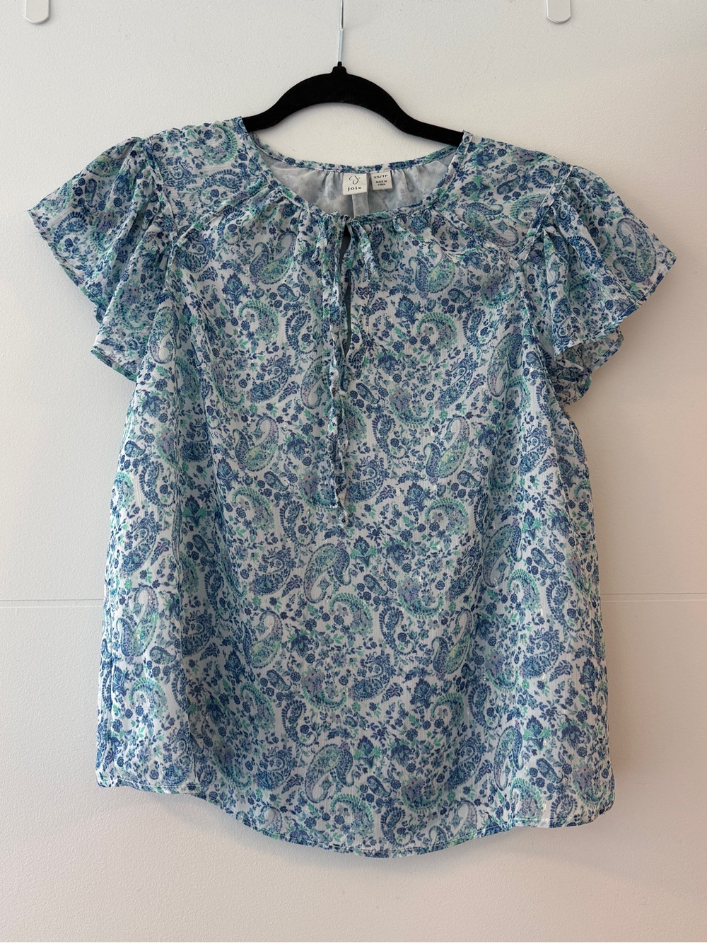 Joie Blue Paisley Metallic Flutter Sleeve Tie Neck Blouse XS Boho